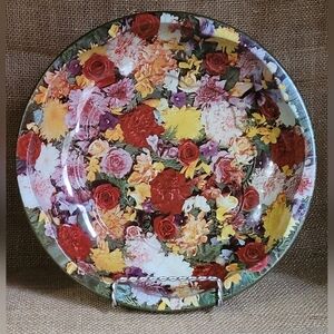 Daher Decorated Ware Metal Serving Bowl Tray England Floral Red Yellow Pink MCM